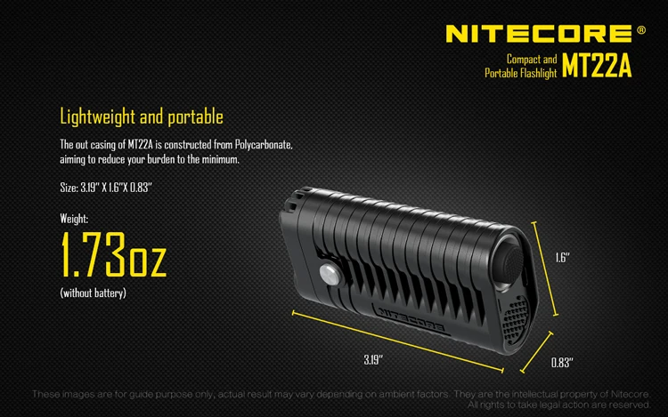 NITECORE MT22A 260 люменов CREE XP-G2 S3 светодиодный светильник, вес ладони, портативный светильник-вспышка, без батареи АА,, 3 цвета