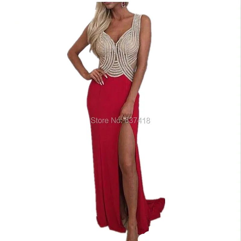

Moroccan Kaftan Long Red Mermaid Evening Dress Prom Dress Sexy with Side Slit with Stones Open Back Robe de Soiree