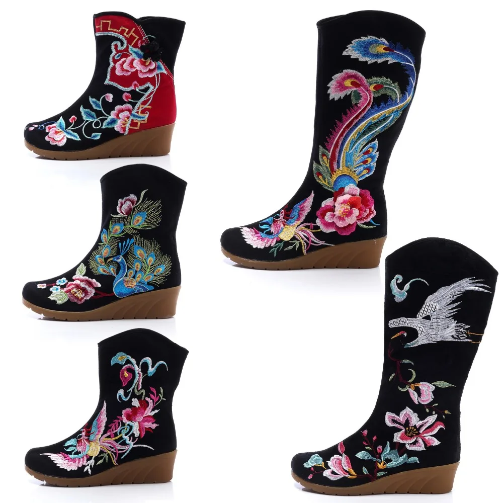 

Vintage Embroidery Women Embroidered Short Ankle Boots Wedge Thick Soles Winter Bota Feminina Ladies Cotton Booties Shoes Mujer