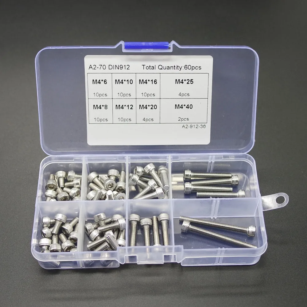 

60pcs M4 (4mm) A2 Stainless Steel DIN912 Allen Bolts Hex Socket Head Cap Screws Assortment Kit NO.1406
