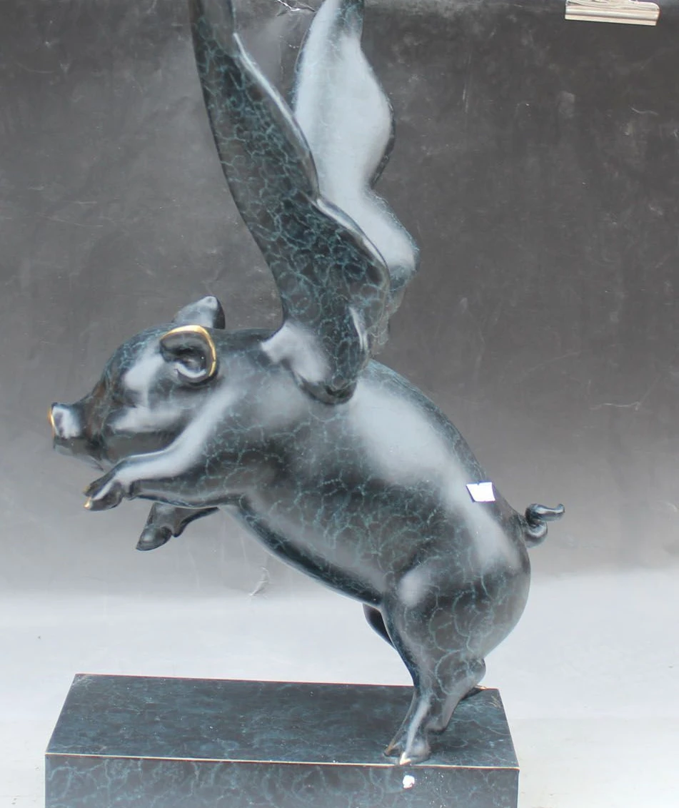 

23" China FengShui Pure Bronze Lucky Zodiac Year Fly Pig Hog Animal Statue