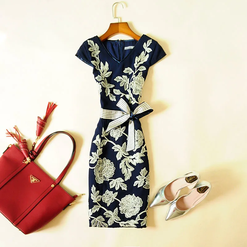Весна и лето женское роскошное платье с вышивкой женское Модное Элегантное офисное платье-карандаш женское Ретро винтажное кружевное платье - Цвет: Navy blue