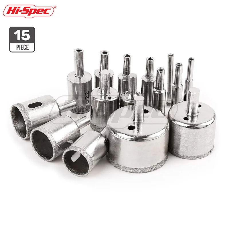 Hi-Spec 15pc 6-50mm Diamond Coated Core Hole Saw Drill Bit Set Ceramic Porcelain Glass Marble Hollow Extractor Remover Set TT002