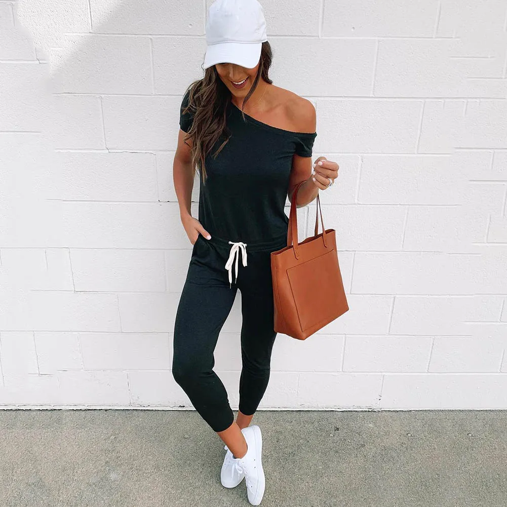 

Women Jumpsuits Solid Color Short Sleeves Off Shoulder Tied Jumper for Summer QL Sale