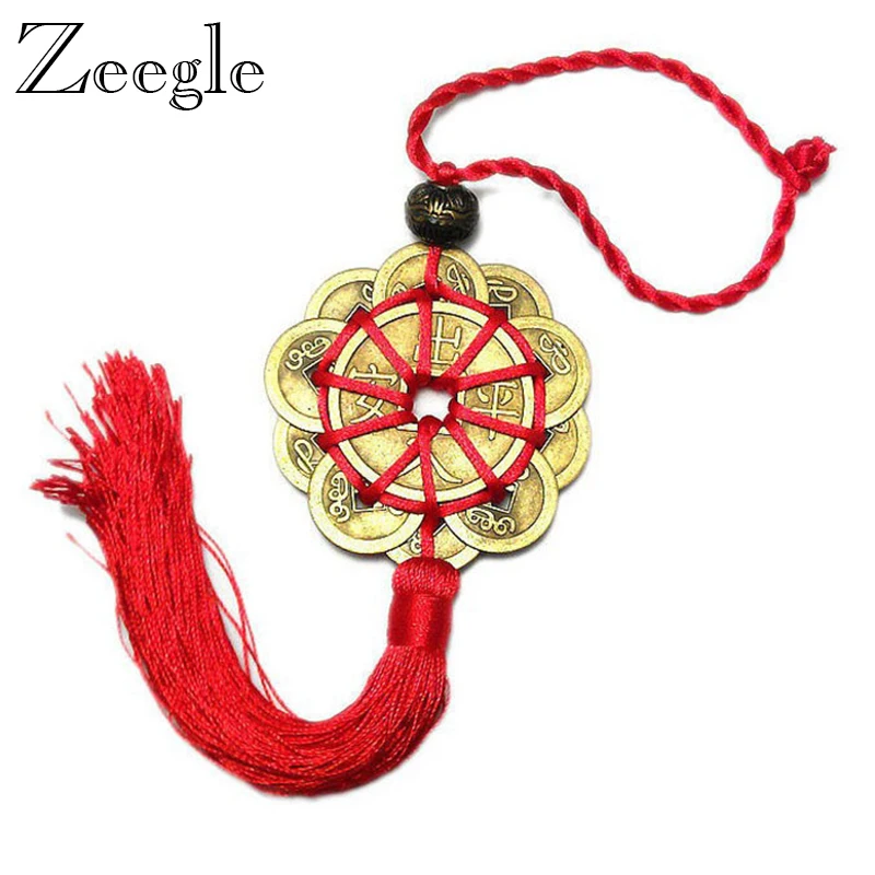 

Red Chinese Knot Feng Shui Set of 10 Lucky Charm Ancient I CHING Coins Prosperity Protection Good Fortune Home Car Decor
