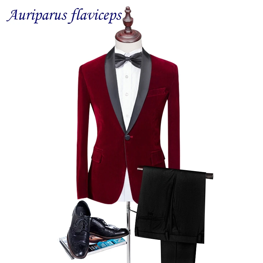 2 pieces Blue Velvet Man Suits Pattern Prom Tuxedos Suit Tailored Wedding Suits With Shawl Lapel Jacket Black pant