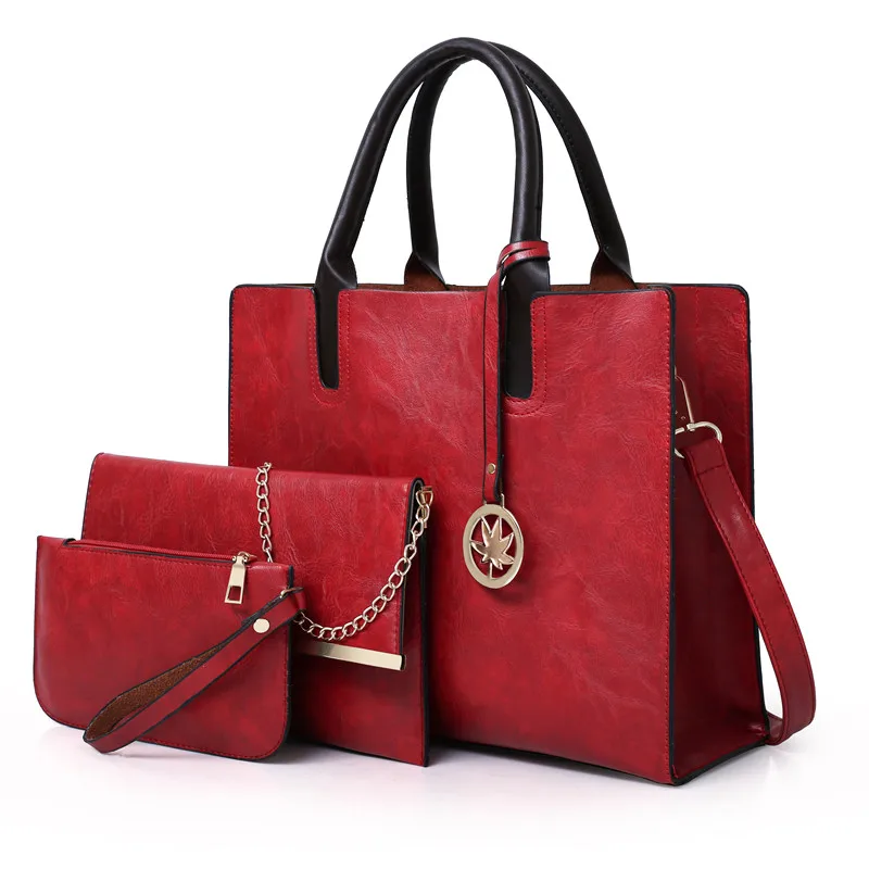 Наборы из 3 предметов, женская кожаная сумка, роскошные женские сумки через плечо, дизайнерские большие сумки через плечо для женщин, известный бренд, сумка-тоут - Цвет: Red Handbag