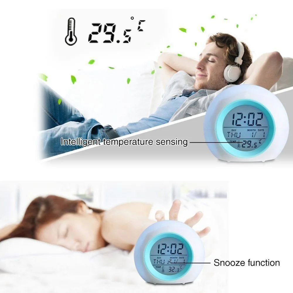 XNCH Изменение цвета Цифровой LED Wake Up Light Настольный будильник с естественными
