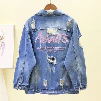 

Spring Fall 2019 New Korean Loose Hole Embroidery Denim Short Coat Female Bf Student Casual Jacket Tops Jeans Coat Woman