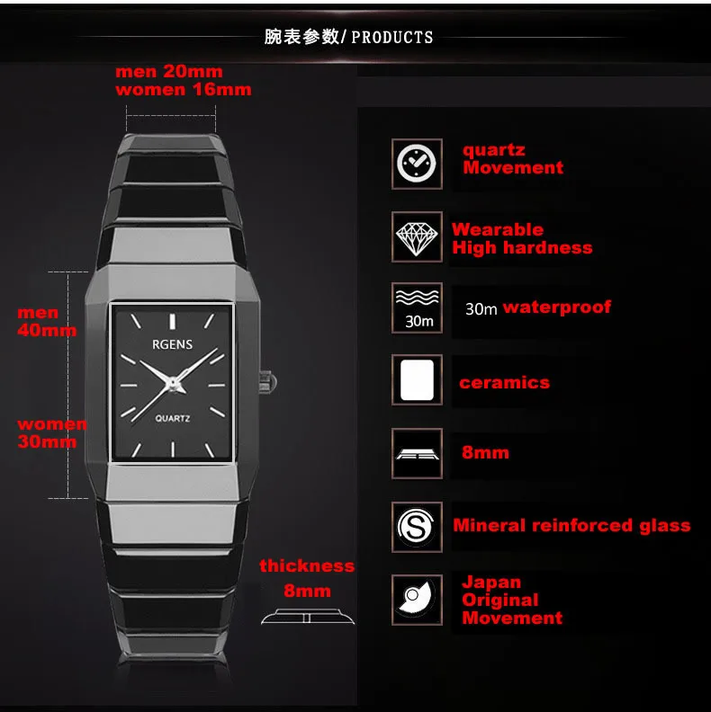 RGENS Марка Официальный Дамы Часы женские наручные часы черный 100% Керамика кварцевые квадратный роскошные 30 м водонепроница