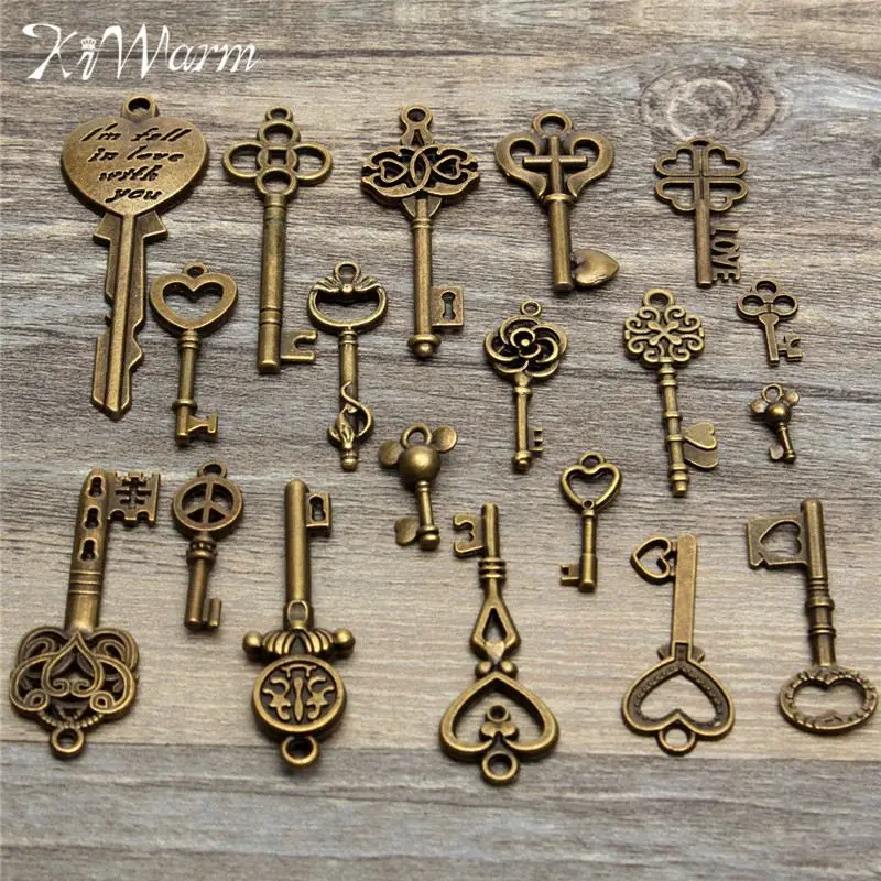 

KiWarm New 19pcs Antique Vintage Old Look Skeleton Key Pendant Heart Bow Lock Steampunk Necklace Hanging Decor DIY Crafts