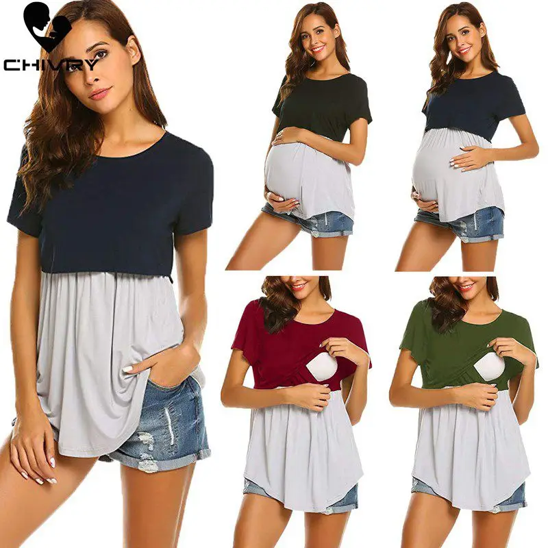 

Chivry Maternity Tops Breastfeeding Clothes Patchwork Short Sleeve Pregnant Clothes Summer Women Nursing Tops Pregnancy T Shirt