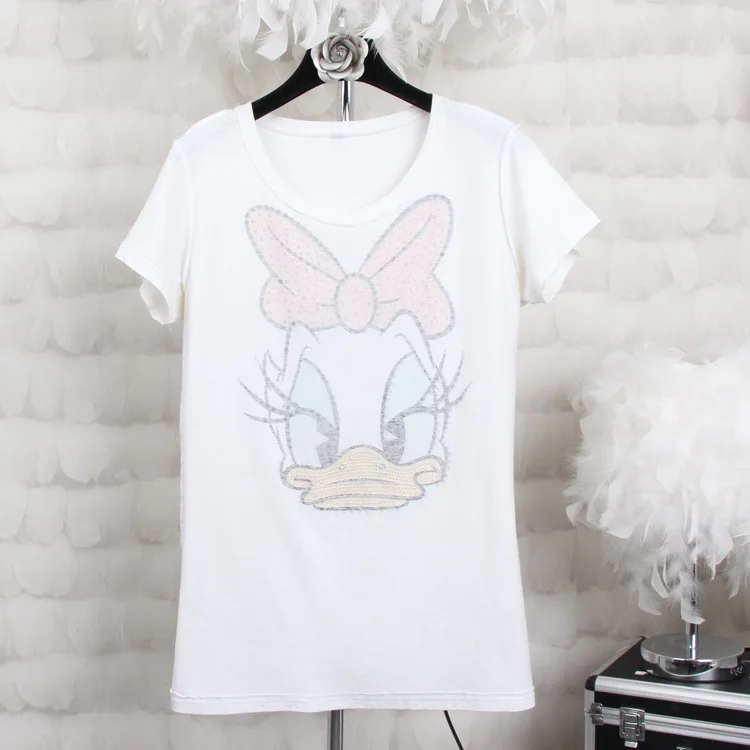 Plus-size-4XL-Women-Summer-Short-Sleeve-Sequined-Donald-Duck-Print-T-shirts-Fashion-White-Top (1)