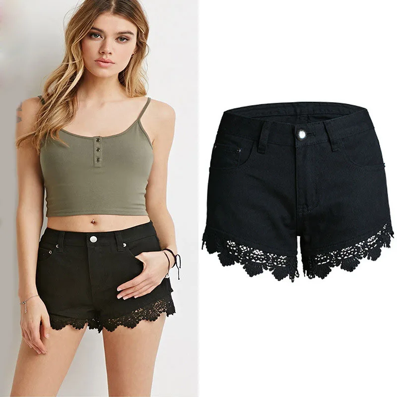 Nice Burst Women Brand Clothing Black Lace Edge Shorts Mid Waist Pure