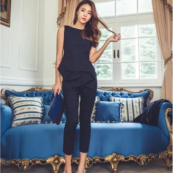 

Women Sleeveless Tops Calf-Length Pencil Pants Two Piece Set Casual Outfits Office Lady Workwear Solid Matching Sets