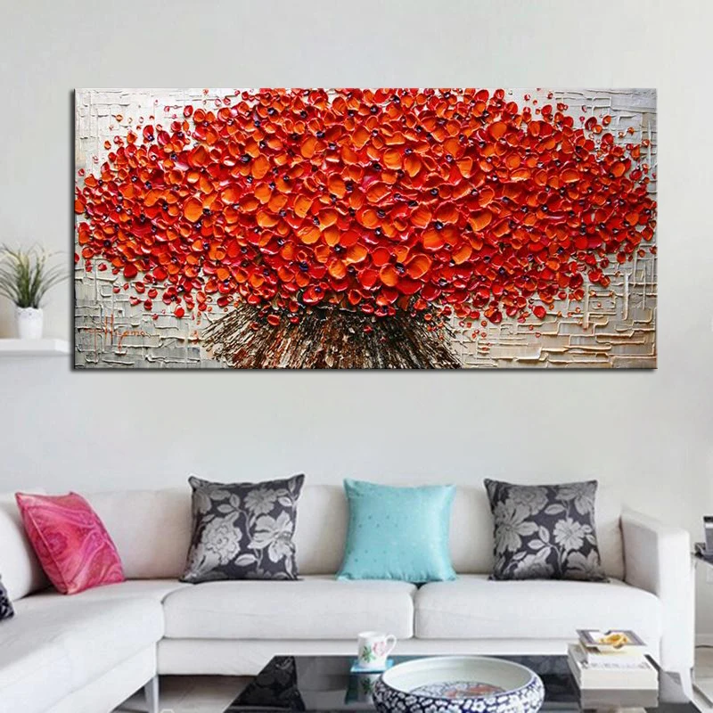 Heavy Textured Palette Knife Oil Paintings On Canvas Hand Painted Modern Abstract 3D Red Flowers Wall Decorative Pictures Art