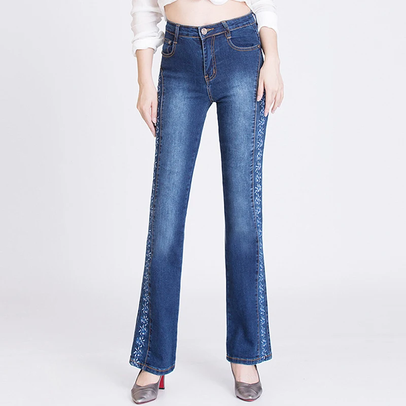 FERZIGE Women Jeans Embroidered Fashoin High Waist Quality Denim Pants Flares Full Lenght Jeans Female Lady Bell Bottoms Push Up Jeans