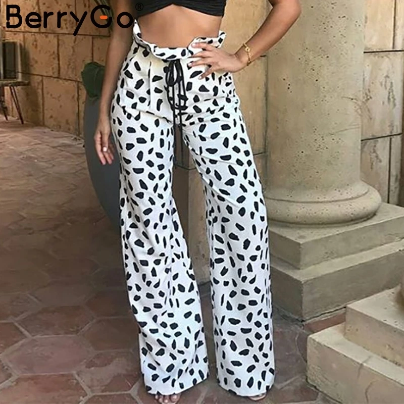 BerryGo خمر نقطة طباعة النساء السراويل عالية الخصر الزنانير مستقيم الشيفون الإناث السراويل capris عارضة الربيع السراويل قيعان