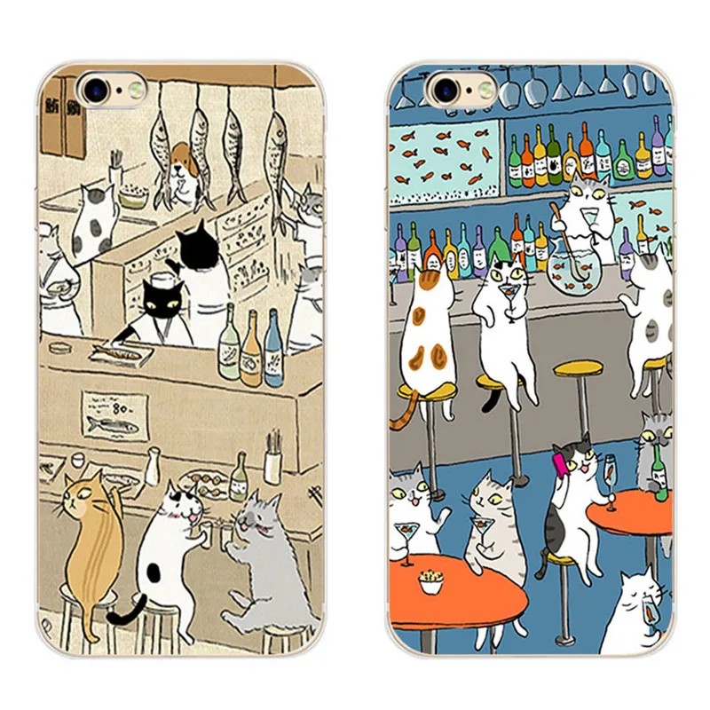 

For Apple iPhone 7 Plus Phone Case 5 5C SE Shell 4.7" 6 6S 5.5 Inch Transparent Cover Soft Silicon Cat Drink Pattern Skin