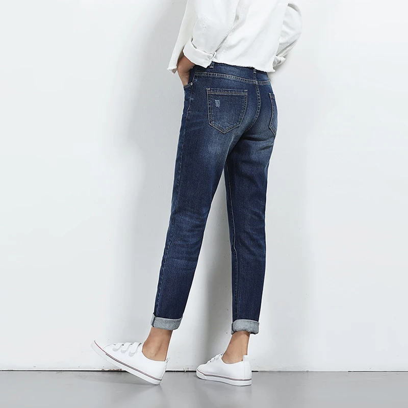 Женские прямые джинсы стрейч LEIJIJEANS рваные синие повседневные полной длины со