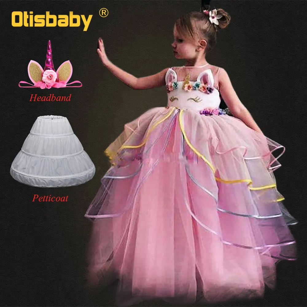 

6 Layers Birthday Party Girls Unicorn Dress Floor Length Backless Ceremonial Dresses Kids Floral Sleeveless Long Evening Dress
