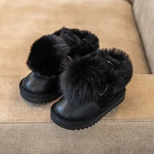 

EUR 26-37 Winter hair ball children's snow boots genuine leather Warm big kids ankle boots non-slip baby child fur girls boots