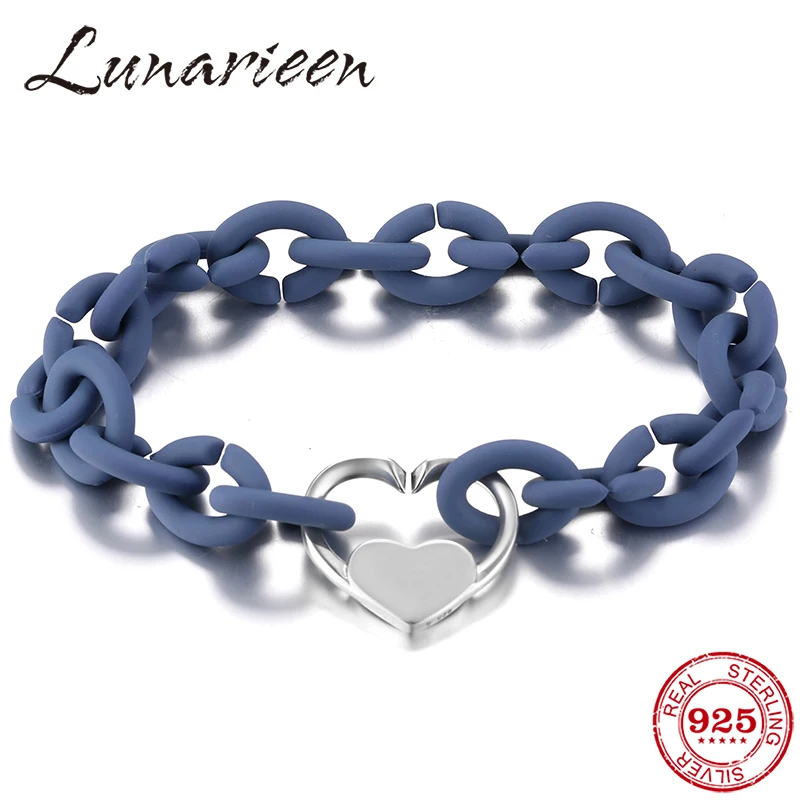 

925 Sterling Silver Heart Charm Beaded Bracelet Ocean Blue European rubber X bracelets Jewellery For Women Men Jewelry gifts