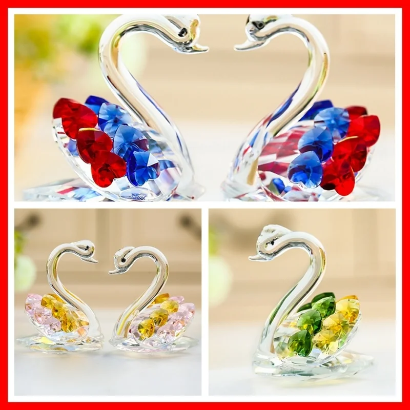 1 Pair Glass Crystal Clear Swan Jewelry Figurines Crafts Art Collection