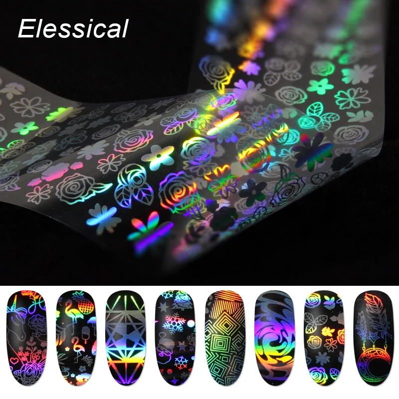

ELESSICAL 8pcs/bottle Transfer Nail Foil Snowflakes Crane Dreamcatcher Unicorn Pattern Nail Art Stickers Shine Laser Decal WY434