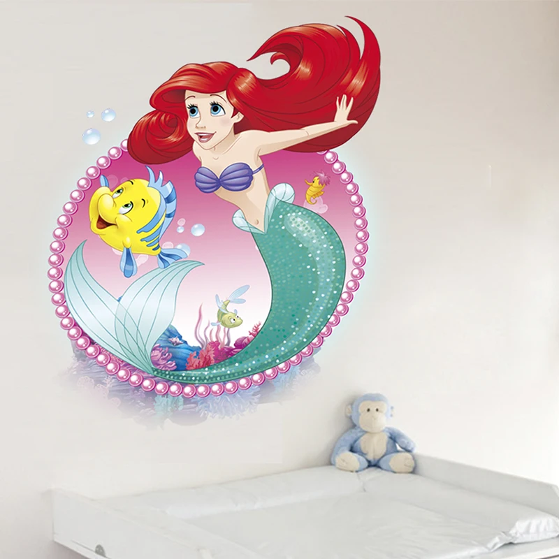 Cartoon Disney Mermaid Ariel Princess Wall Stickers For Girls Room Bathroom Home Decor Waterproof PVC Poster Kids Wall Art Decal