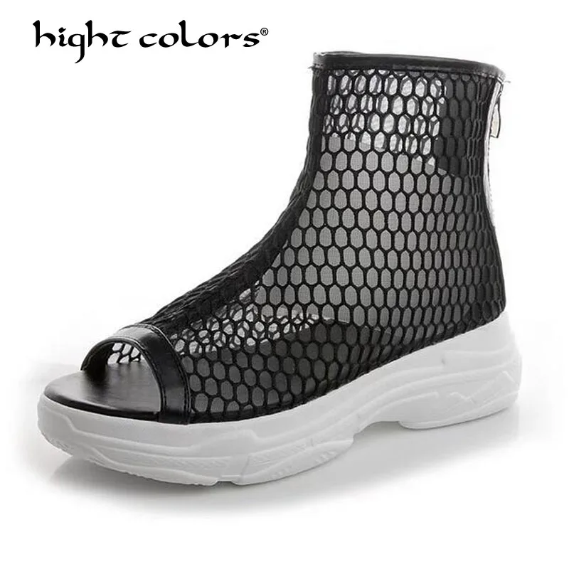 

Hight colors Black White Summer Mesh Ankle Woman Platform Boots Wedges Peep Toe Zip Med Heels Casual Shoes 1832