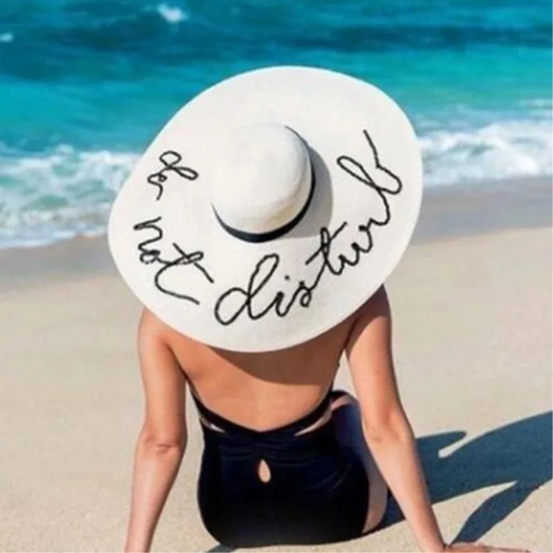 

Summer Large Brim Sun Hats For Women Fashion Sequins Letter do not disturb Embroidery Folded Floppy Hat Bohemia Beach Cap