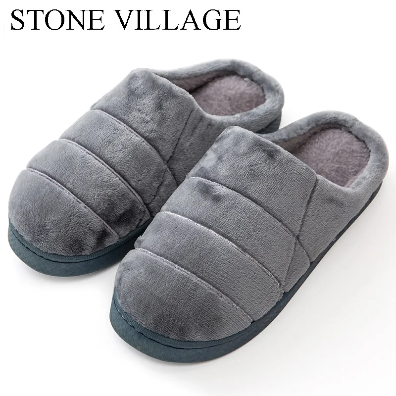 

STONE VILLAGE Soft Plush Warm Home Slippers Men Casual Solid Non-Slip Indoor Flats Shoes Lovers Women Slippers Cotton Shoes