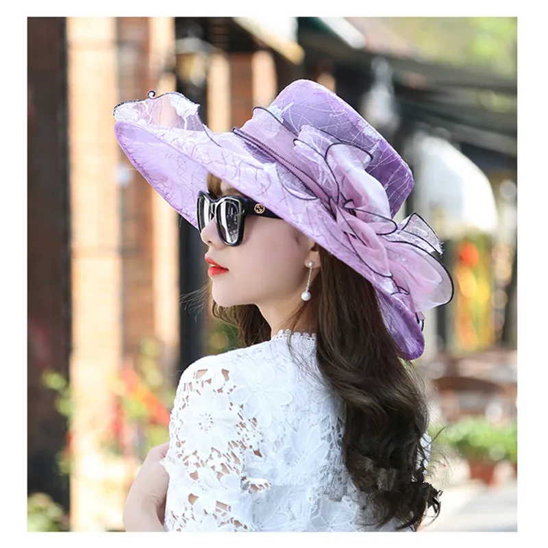 

Fashion Women Floral Organza Church Hat Wide Brim Kentucky Derby Mesh Hats Summer Beach Sunhat Wedding Caps Sun Protection A1