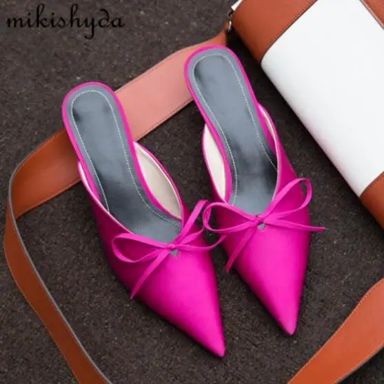 

2017 Autumn New Summer Bow Satin Heels Pointy Toe Half Slippers Muller Shoes Women Outside Wear Slippers