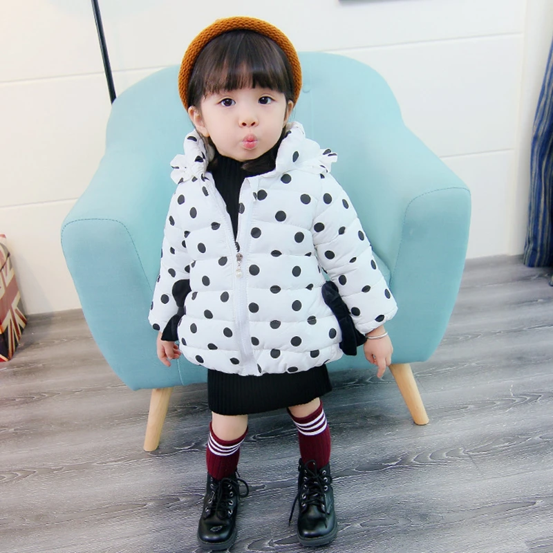 Baby girl Coat In Winter Zipper hooded Polka dot long tail hat Bow-tie pockets  cotton-padded jacket for Kids Children warmed up (11)