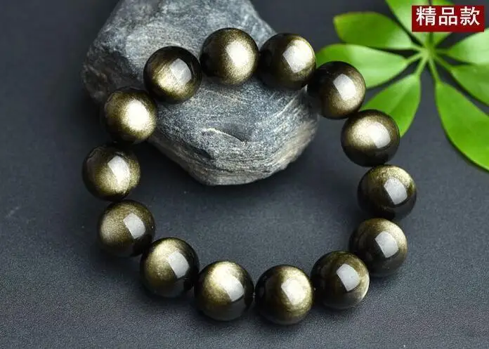 

free shipping unique Natural Gold Obsidian stone Round Beads Stretch Bracelet 16mm