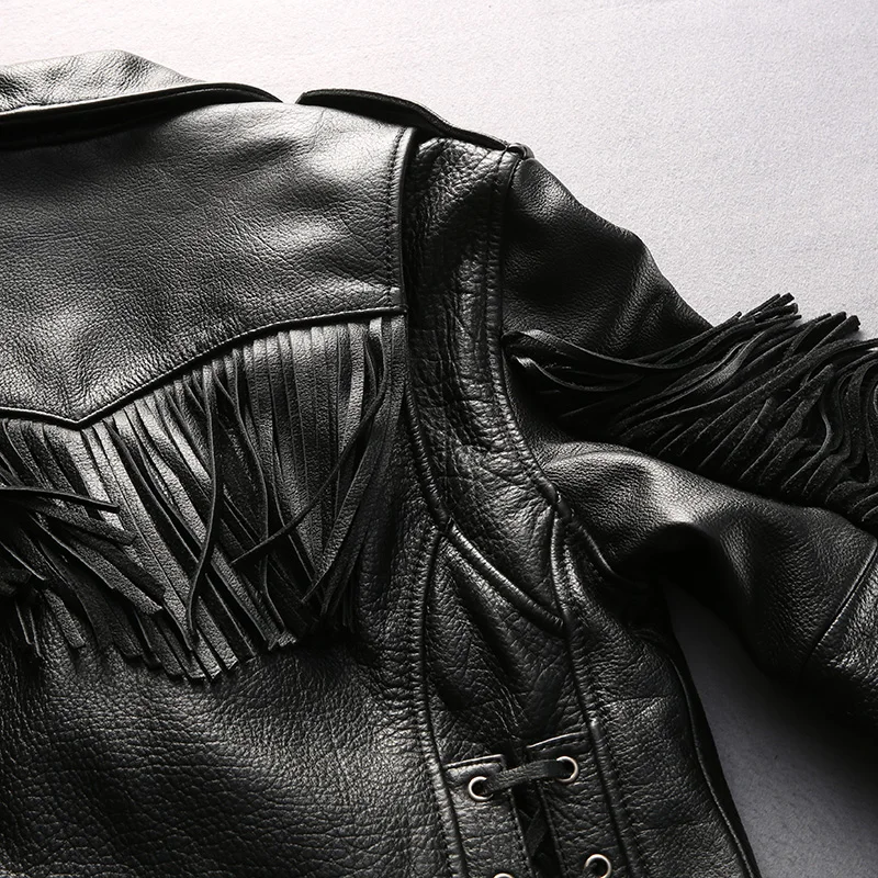 Топ мотоциклетная байкерская куртка натуральная кожа винтажная куртка мужская Cowskin кисточкой короткий, зауженный крой черное пальто DHL бесплатно