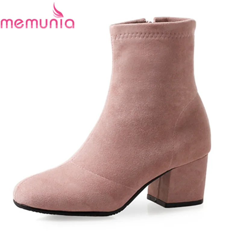 

MEMUNIA new arrival 2018 womens winter boots solid round toe 5.5cm high heels boots zip elegant female dress ankle boots