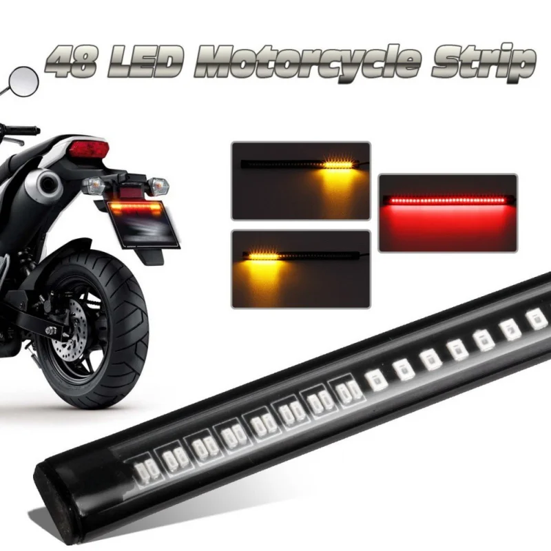 1Pcs Motorcycle Flexible 48 LED Brake Turn Signal Light Strip License Plate Tail Lights Off-road Waterproof Motor Brake Lighting