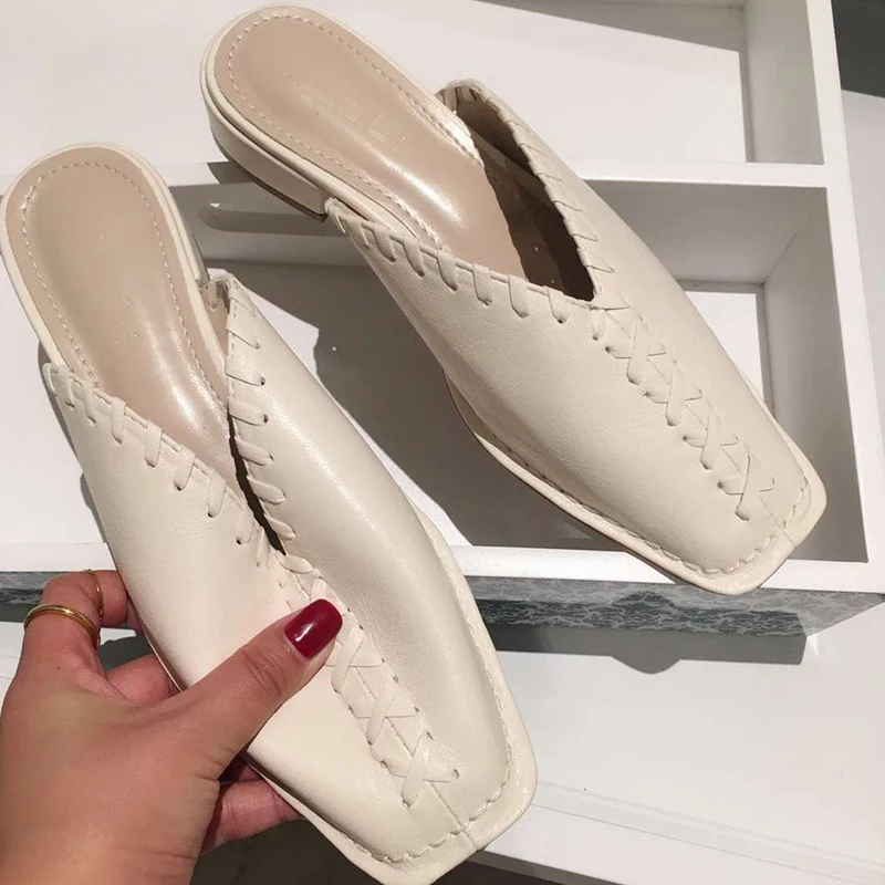 

Women's Shoes Slippers Outside the New Summer Square-Headed Rough-heeled Knitted Miller Shoes of 2019