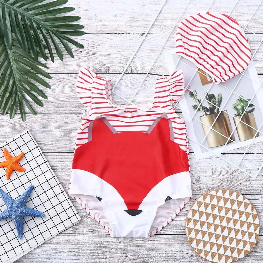

Children Flying Sleeve Striped Cartoon Fox Print Swimsuit Swimsuit One Piece + Striped Swimming Cap Two Piece Set bebek mayo A1
