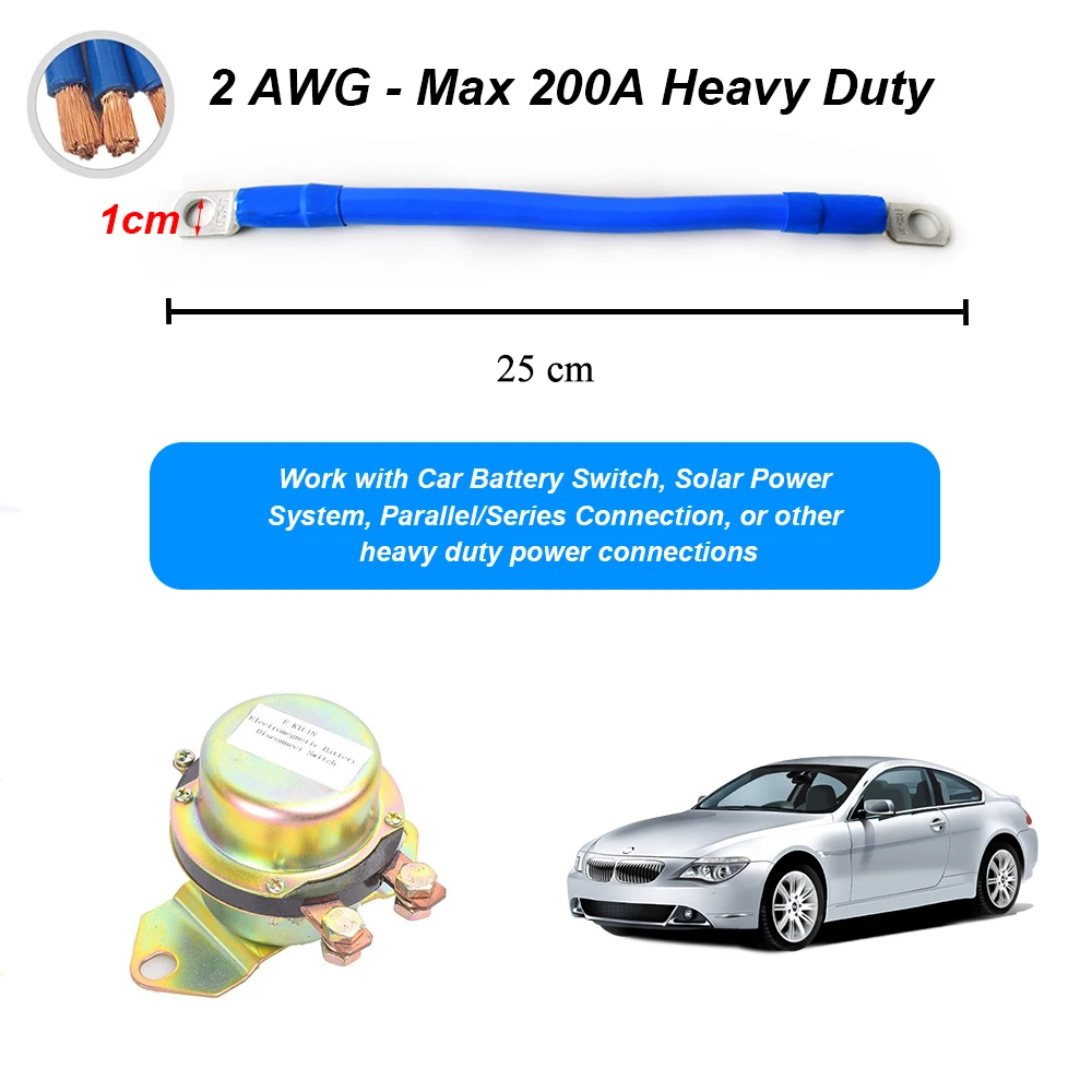 Car Truck Battery Cable Heavy Duty Lug Rings Terminal Pure Copper Wire 200A 2AWG
