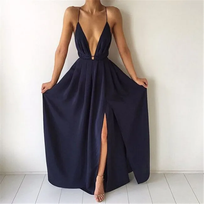 Летнее платье макси для женщин, однотонный сексуальный глубокий v-образный вырез, без рукавов, на бретельках, с открытой спиной, с высоким разрезом, Длинный Сарафан Vestidos - Color: Navy Blue