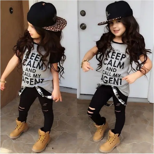 T,shirt Tops Pants Casual Stylish Kids Baby Girls Clothes Sets 2pcs Dark Gray Belt