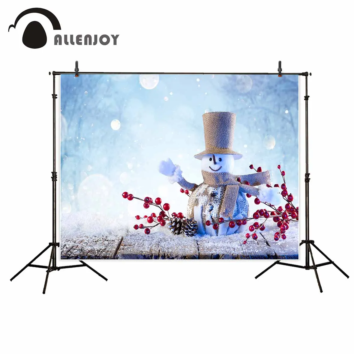 Allenjoy christmas snowman pine cone snow wood floor bokeh tree
background photo decorations backdrop photo booth photography