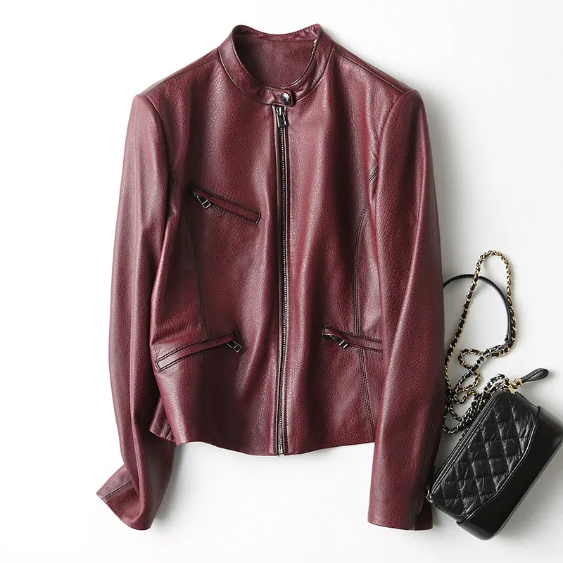 Vestes En Peau De Femmes Cuir 2018 Nouveau Automne Femelle Chaqueta Wine Veste Red noir Véritable Printemps Pour Mouton Manteau Z0026 Mujer qxtYY74p