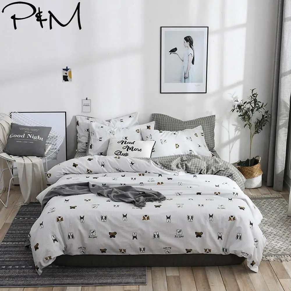 

2019 PAPA&MIMA Dogs Cartoon Light Grey Scandinavian Duvet Cover Set Queen King Customize Size Cotton Bedlinens Bedding Sets