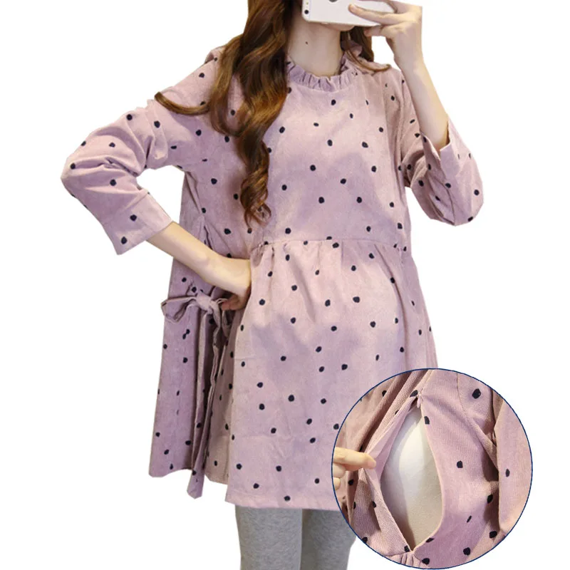 

Full Sleeve Corduroy Nursing Blouses Pink and Black Dot Adjust Sashes Spring Breastfeeding Shirt Dress Maternity Clothes