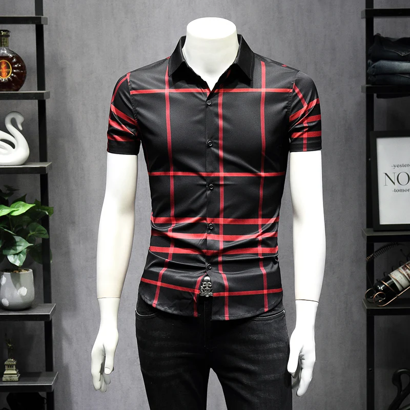 Роскошные классические с короткими рукавами мужские рубашки с принтом Slim Fit деловые - Цвет: Розовый